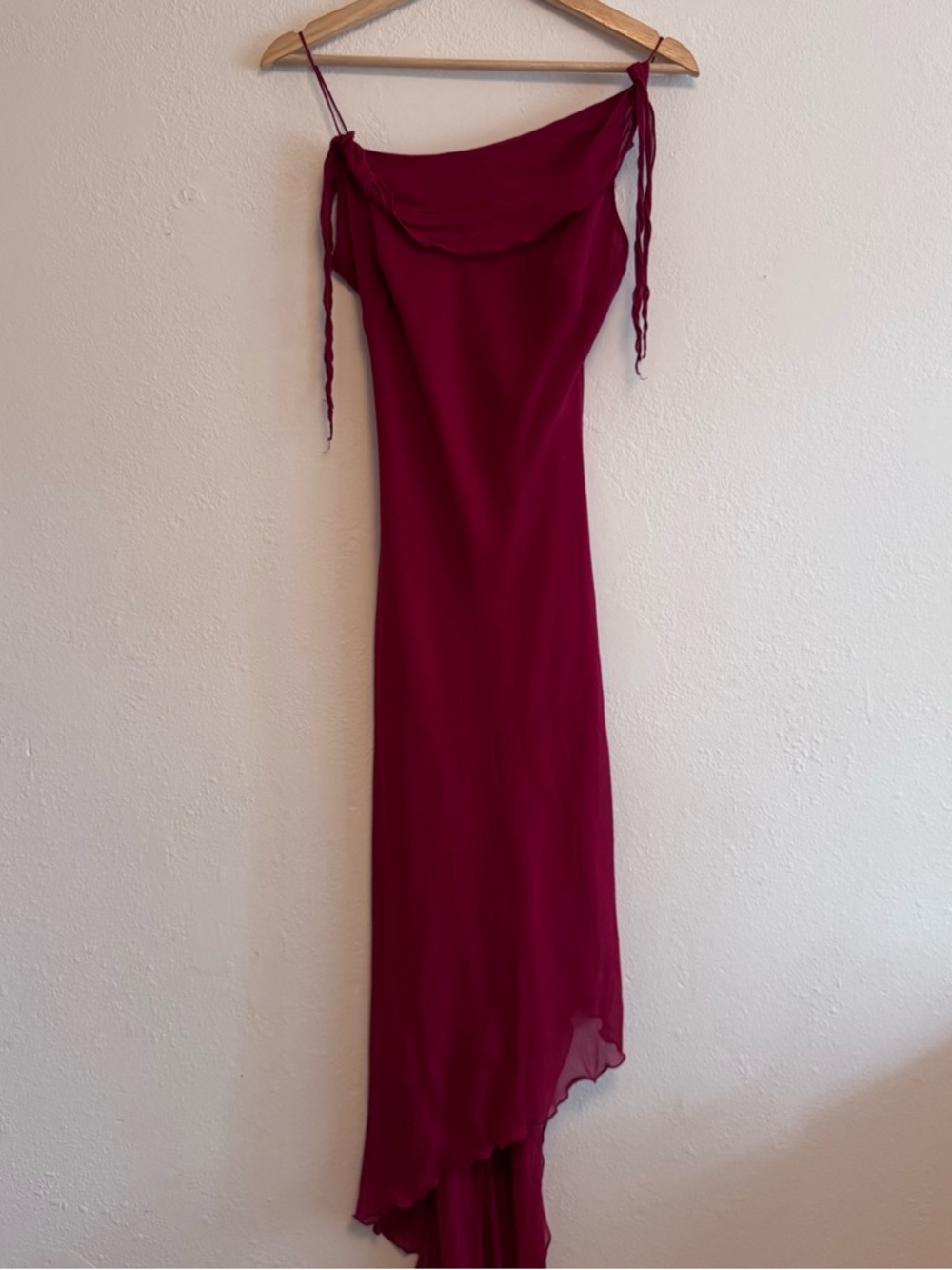 Elegant Burgundy silk Slip Dress with Asymmetric Hem